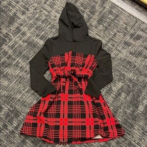 Plaid Red and Black Hooded Kids Dress